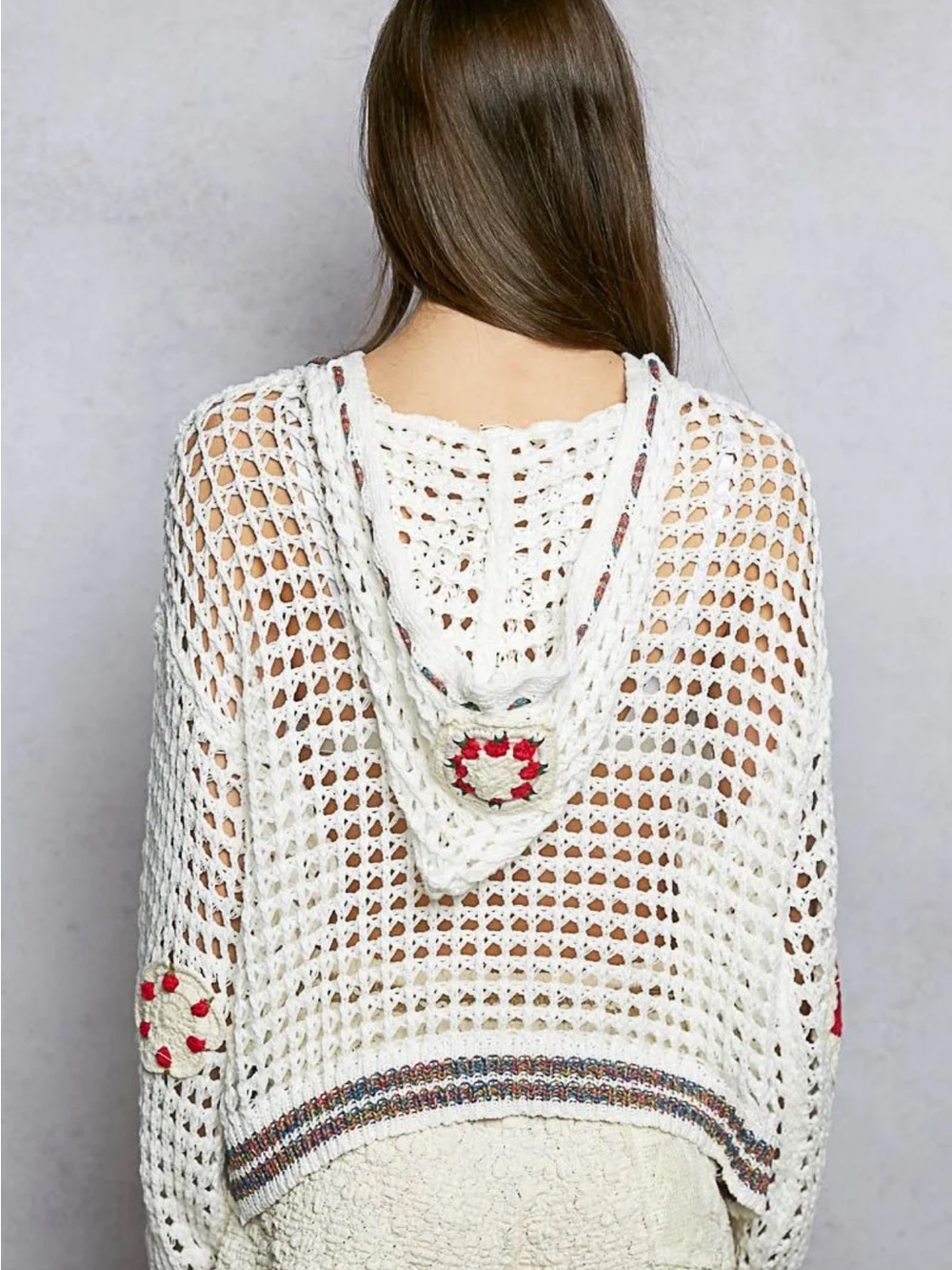 NWOT POL Cream Crochet Pullover w/ Patchwork Appliqués - Picture 2 of 10